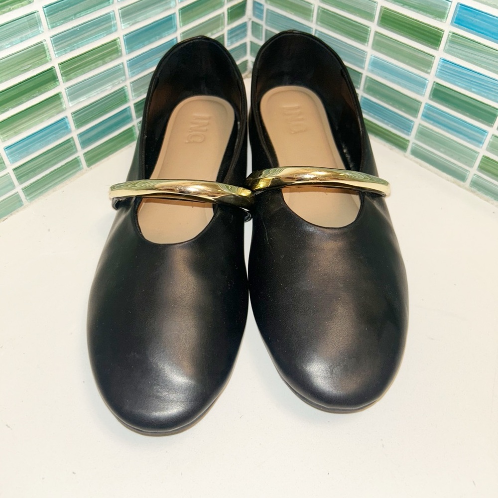 INC International Concepts The Modern Mary Jane Flats Gold on Black SZ: 9.5